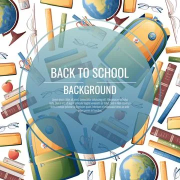 Back to school frame design. Poster, postcard with backpack, books, globe. Sc Stock Illustration