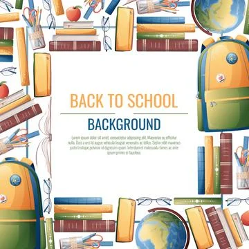 Back to school frame design. Poster, postcard with backpack, books, globe. Sc Stock Illustration