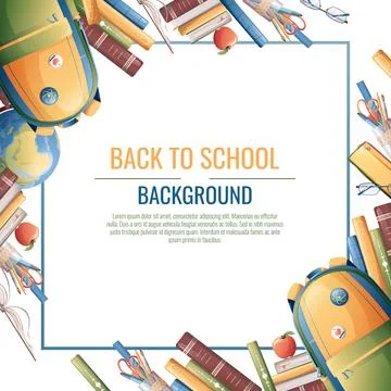 Back to school frame design. Poster, postcard with backpack, books, globe. .. Illustrazione stock