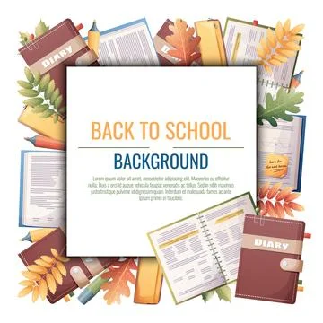 Back to school frame design. Poster, postcard with with textbooks, books an.. Illustrazione stock