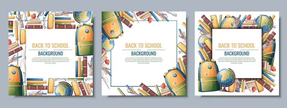 Back to school frame design. Set of postcard templates with backpack, books,  Stock Illustration