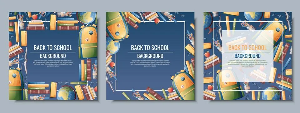 Back to school frame design. Set of postcard templates with backpack, books,  Stock Illustration