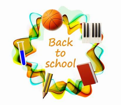 Back to school with fun subjects on a background of colorful waves and white Stock Illustration