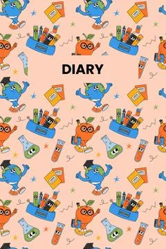 Back school funny diary cover with retro groovy characters. Back to school .. Stock Illustration
