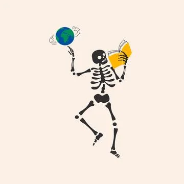 Back to school. Funny Skeleton ready for school with school stationery Illustrazione stock