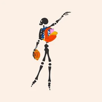 Back to school. Funny Skeleton ready for school with school stationery Stock-Illustration