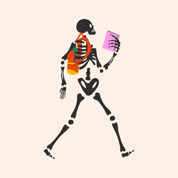 Back to school. Funny Skeleton ready for school with school stationery Stock-Illustration