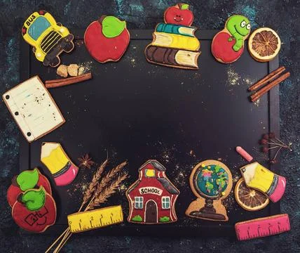 Back to school gingerbreads Back to school gingerbreads cookies on a dark ... Stock Photos