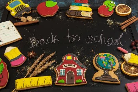 Back to school gingerbreads Back to school gingerbreads cookies on a dark ... Stock Photos