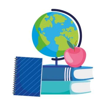 Back to school globe apple on books and notepad cartoon Stock Illustration