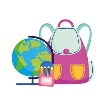 Back to school globe backpack pencils color cartoon Illustrazione stock