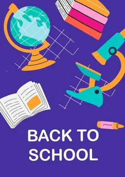 Back to school: globe, books, microscope, and crayon on purple background Stock Illustration