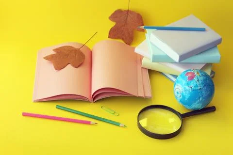 Back to school, globe, open blank notebook, stack of books and pencils Stock Photos