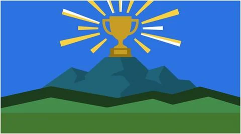 Back to School Golden trophy cup on top of a mountain peak with mountain ac.. Ilustración de archivo