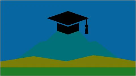 Back to School Graduation cap symbol on mountain landscape background with .. Stock Illustration