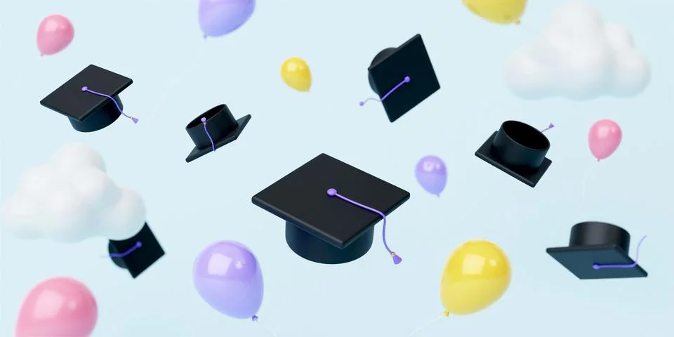 Back to school graduation hat certification balloon accessories icon 3d Stock Illustration