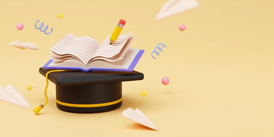 Back to school graduation hat certification pen accessories icon 3d rendering. Illustrazione stock
