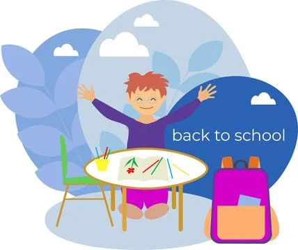 Back to school grainy effect flat design illustration. Child at desk happy .. Stock Illustration