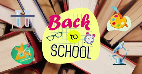Back to school graphic being animated over stacked books, featuring flat design Stock Footage 307463170