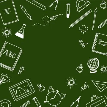 Back to school green background. Doodle style illustration with school object Stock Illustration