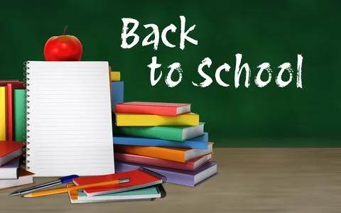 Back to school. Green chalkboard background. School supplies. Stacks of books Illustrazione stock