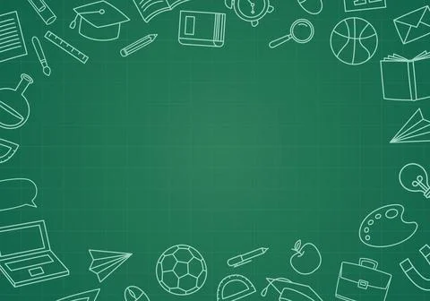 Back to school green chalkboard background with educational supplies frame .. Stock Illustration