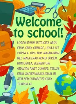 Back to school greeting banner with student items Illustrazione stock