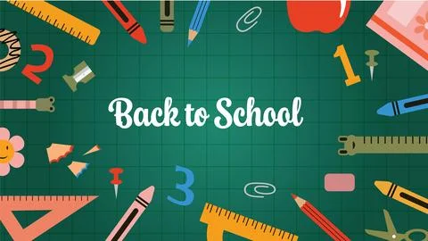 Back to school greeting text with crayon, scissors, book, pencil and chalkb.. イラスト素材