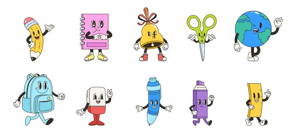 Back to school groovy elements. Positive retro style characters with different Stock Illustration