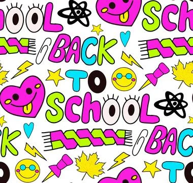 Back to school groovy pattern in retro 70s style. Psychedelic texture hippie Stock Illustration