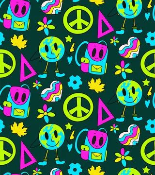 Back to school groovy pattern in retro 70s style. Psychedelic texture hippie Stock Illustration