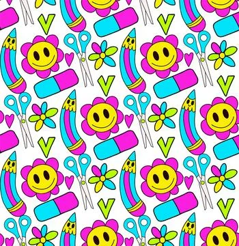 Back to school groovy pattern in retro 70s style. Psychedelic texture hippie Stock Illustration