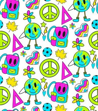 Back to school groovy pattern in retro 70s style. Psychedelic texture hippie Stock Illustration