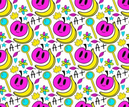 Back to school groovy pattern in retro 70s style. Psychedelic texture hippie Stock Illustration