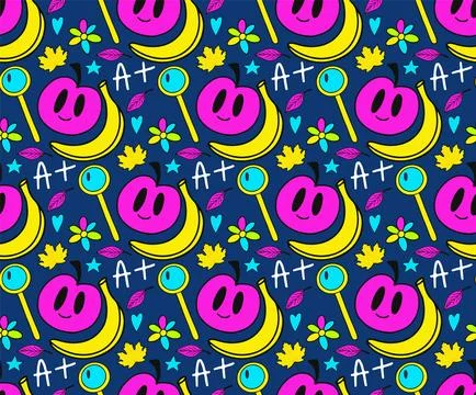 Back to school groovy pattern in retro 70s style. Psychedelic texture hippie Stock Illustration
