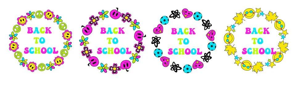 Back to school groovy round frame in retro 70s style. Psychedelic border hippie Stock Illustration