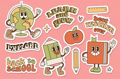 Back to school groovy stickers set in retro cartoon groovy 70s style Stock Illustration
