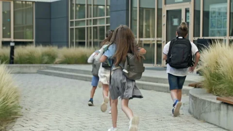 Back to school. A group of elementary school students cheerfully rush to a Stock Footage 221406426