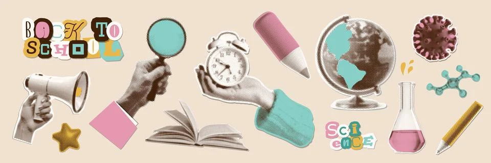Back to school halftone collage set with hands holding loupe, megaphone, alarm Stock Illustration