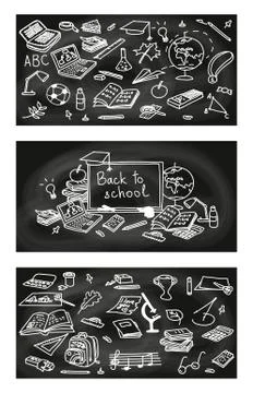 Back to school, hand drawn 3 in 1 set. sketch, doodle, vector. Black Chalk board Stock Illustration