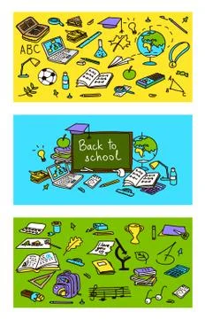 Back to school, hand drawn 3 in 1 set. Colored sketch, doodle, vector. school Stock Illustration