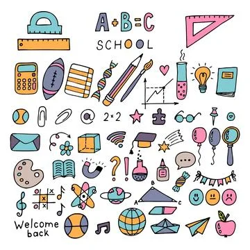Back to school. Hand drawn doodle colored set of school objects and symbols.. Stock Illustration
