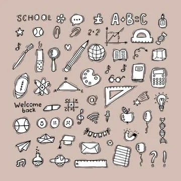 Back to school. Hand drawn doodle set of school objects and symbols. Educat.. Stock Illustration