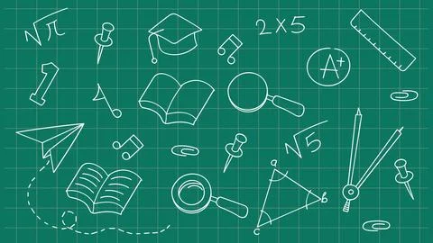 Back to school hand-drawn doodle element collection on a cutting mat backgr.. Stock Illustration