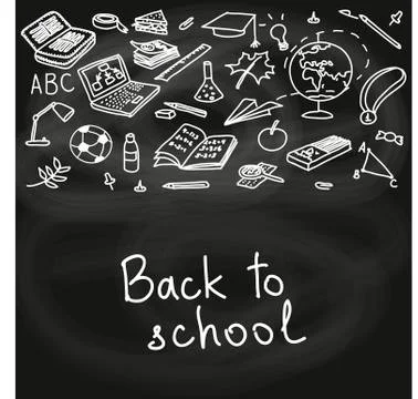 Back to school, hand drawn set color sketch, doodle, vector. Chalk board style. Stock Illustration