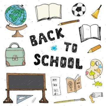 Back to School hand drawn sketch doodles set, vector illustration. Illustrazione stock