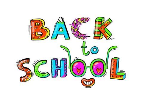 Back to School hand drawn words in a fun cartoon style.Vector illustration Stock Illustration