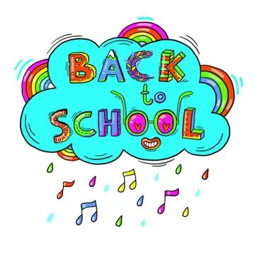 Back to School hand drawn words against the background of a cloud, a rainbow in Stock Illustration