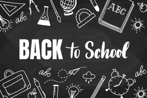 Back to school handlettering on the black back with school things. Doodle sty Stock Illustration