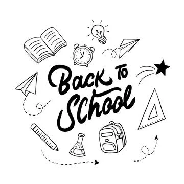 Back to school handwritten lettering with educational icons and symbols Stock-Illustration